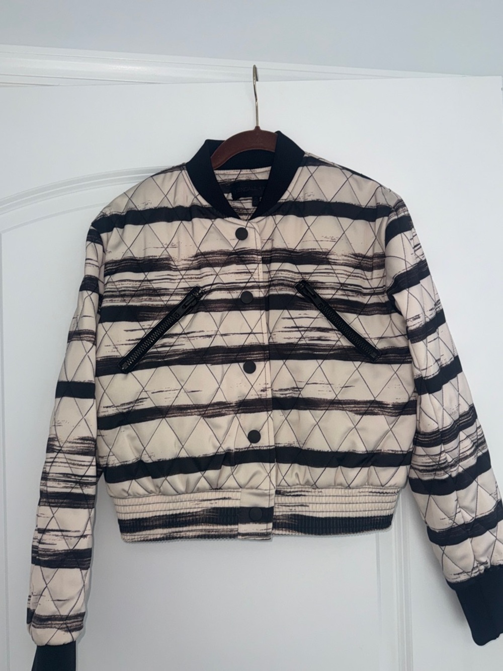 Kendall & Kylie Cream and Black Quilted Striped Cropped  Bomber Jacket